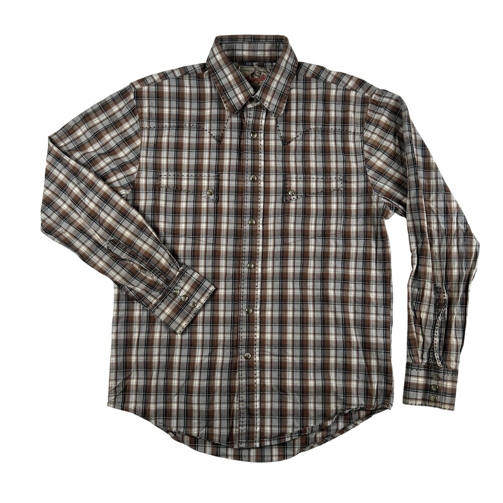 Wrangler Shirt Mens Medium Plaid Long Sleeve Western Snap Pockets Cowboy FLAW